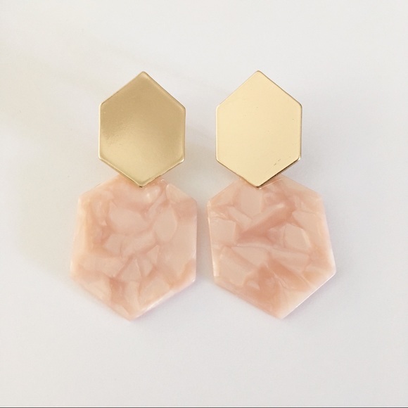 Blush Pink Marble Gold Geometric Dangle Earrings - Picture 2 of 4